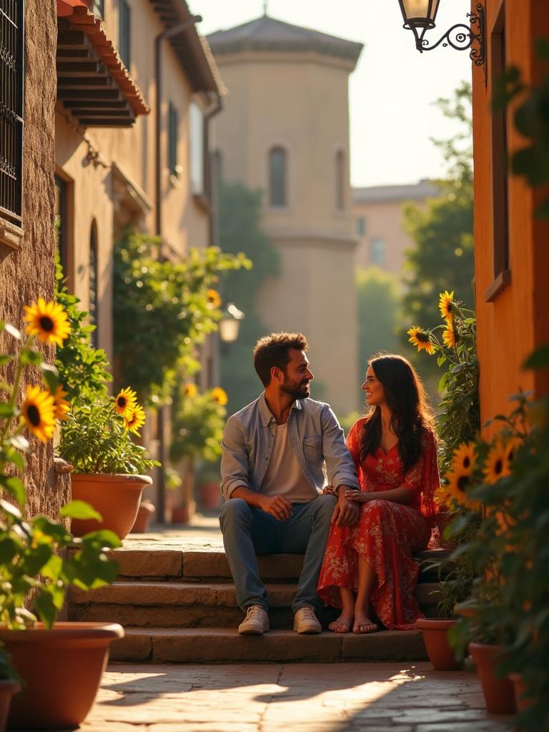 Couple walking in a narrow street